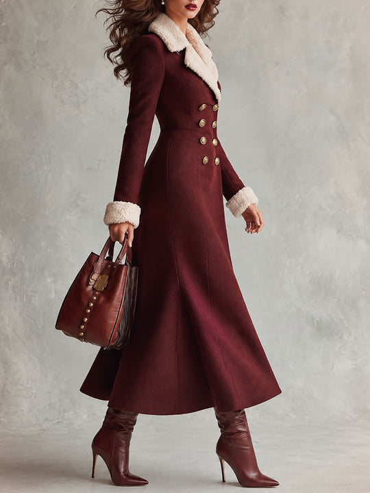 Women's Elegant Faux Fur Collar Double-Breasted Maxi Wool Coat