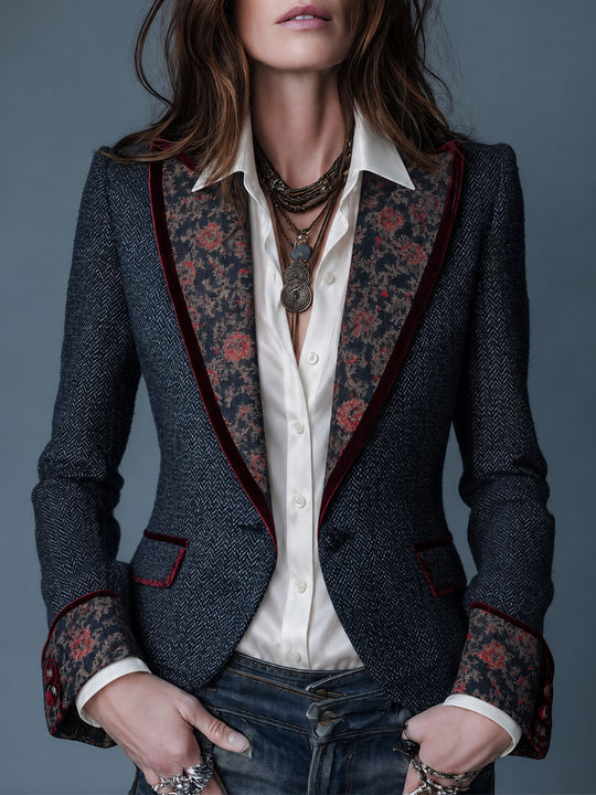 Retro Herringbone Tweed Blazer with Floral Velvet-Trim Lapel