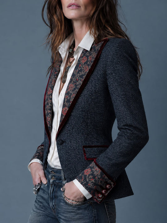 Retro Herringbone Tweed Blazer with Floral Velvet-Trim Lapel