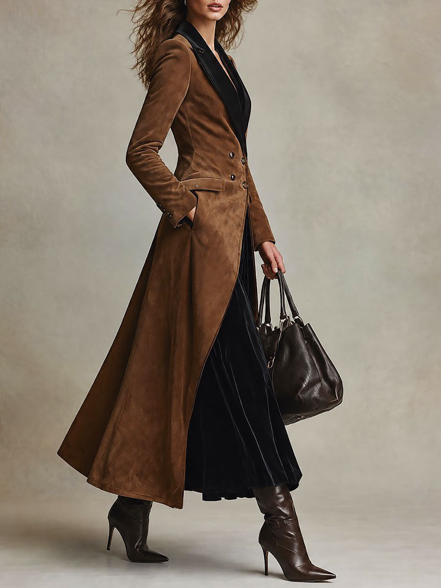 Elegant Long Suede-Look Double-Breasted Coat with Velvet Lapel