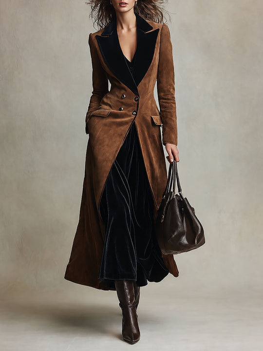 Elegant Long Suede-Look Double-Breasted Coat with Velvet Lapel
