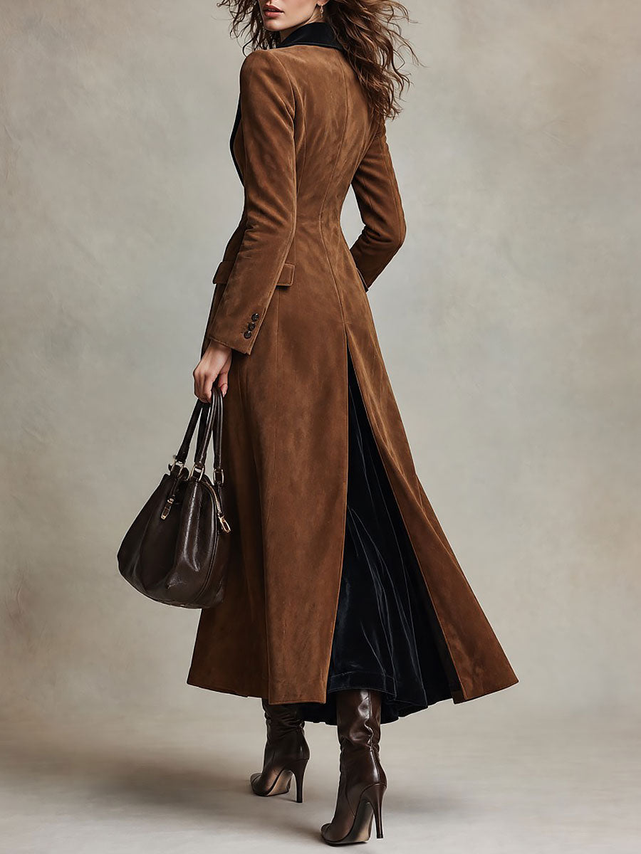 Elegant Long Suede-Look Double-Breasted Coat with Velvet Lapel