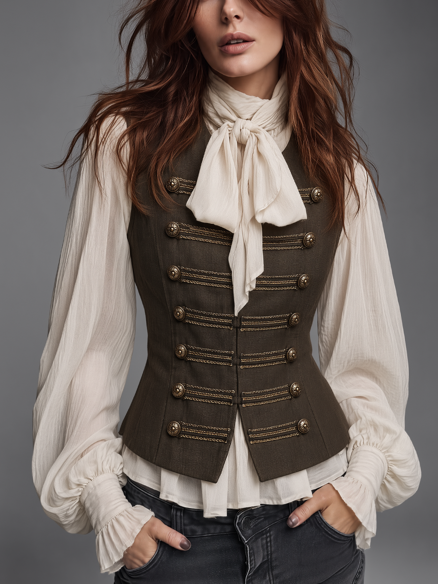 Vintage Brown Military Button Tailored Vest