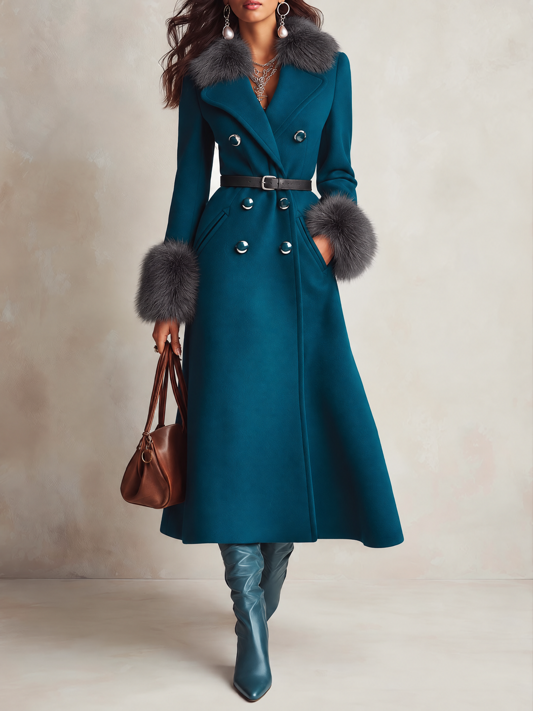 Elegant Belted Wool Coat with Faux Fur Trim Collar & Cuffs - Long A-Line Winter Overcoat
