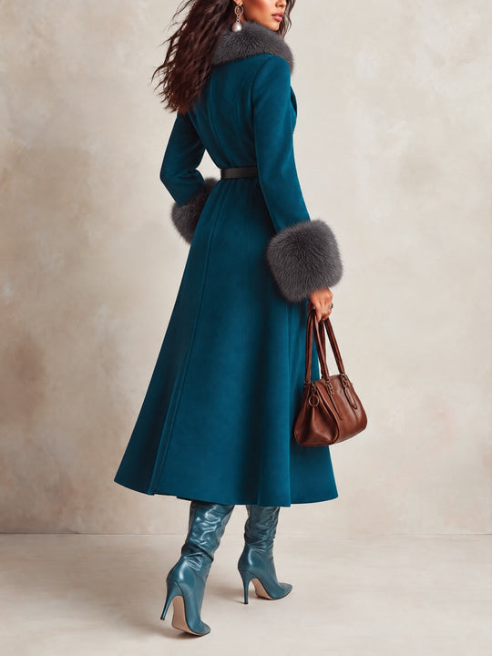 Elegant Belted Wool Coat with Faux Fur Trim Collar & Cuffs - Long A-Line Winter Overcoat