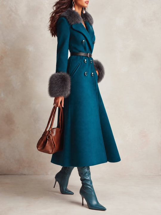 Elegant Belted Wool Coat with Faux Fur Trim Collar & Cuffs - Long A-Line Winter Overcoat