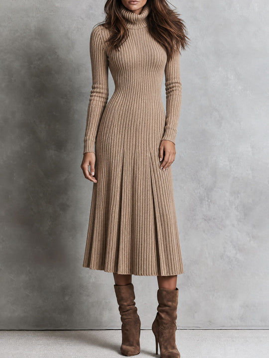 Elegant Oatmeal Turtleneck Ribbed Pleated Knit Midi Dress