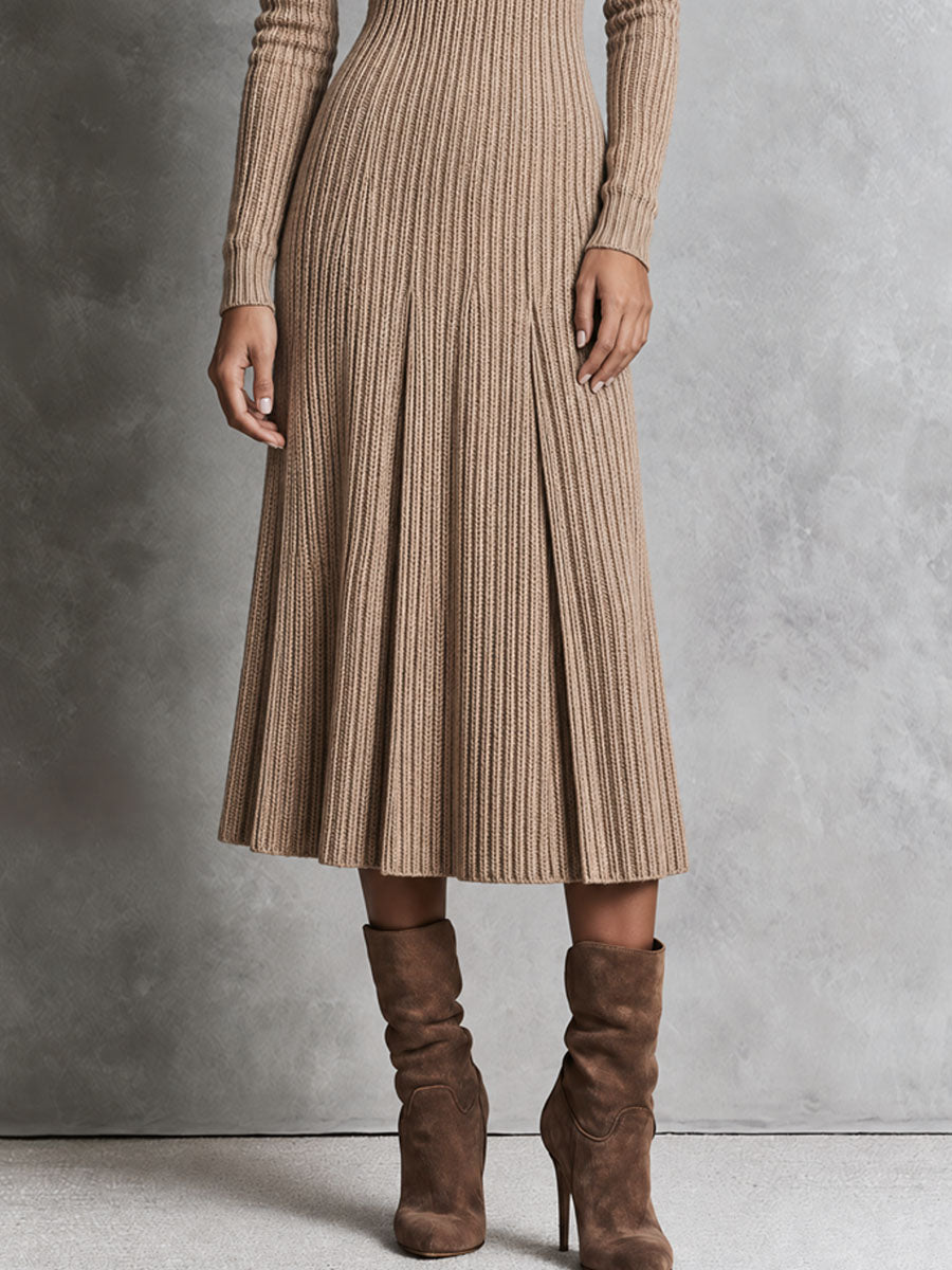 Elegant Oatmeal Turtleneck Ribbed Pleated Knit Midi Dress