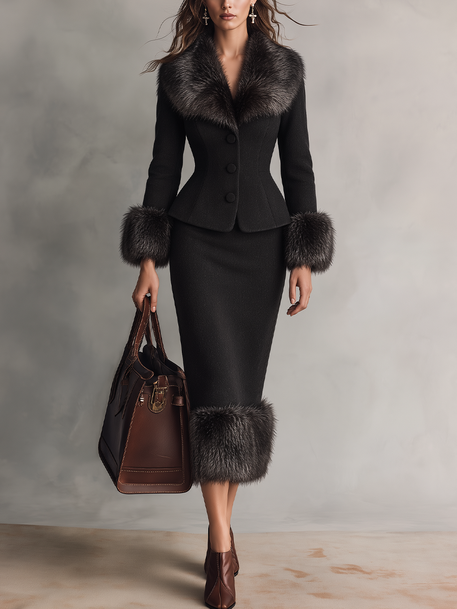 Elegant Black Faux Fur Trim Tailored Skirt Set