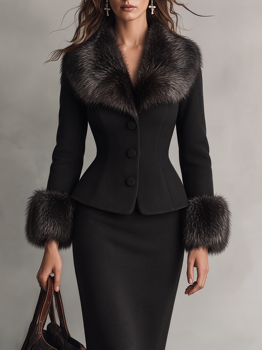 Elegant Black Faux Fur Trim Tailored Skirt Set
