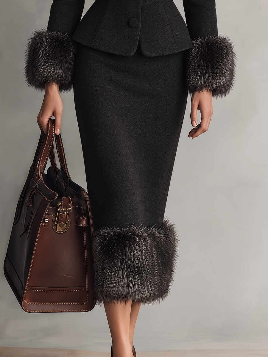 Elegant Black Faux Fur Trim Tailored Skirt Set