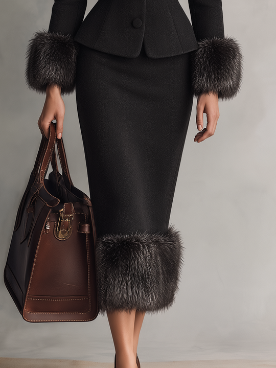 Elegant Black Faux Fur Trim Tailored Skirt Set