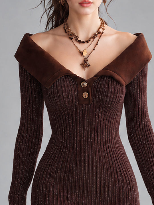 Vintage Bohemian Cocoa Off-Shoulder Ribbed Knit Mini Dress