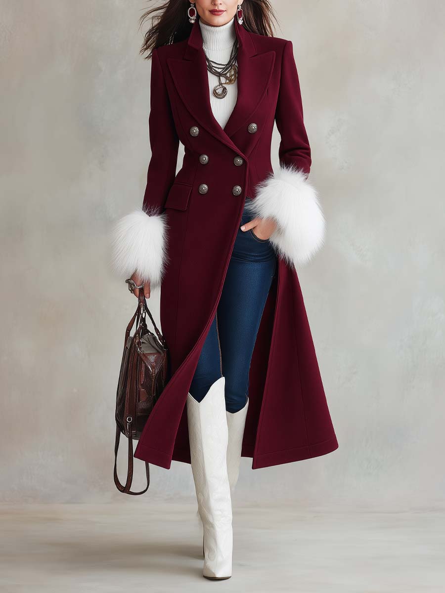 Women's Double-Breasted Wool Coat with Faux Fur Cuffs - Elegant Long Trench Style