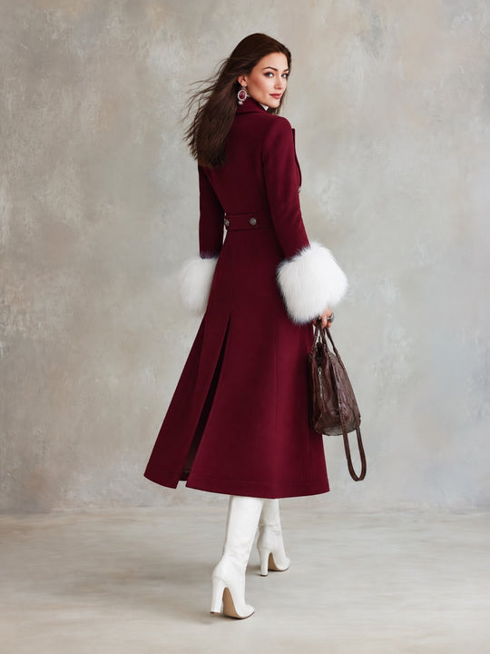 Women's Double-Breasted Wool Coat with Faux Fur Cuffs - Elegant Long Trench Style