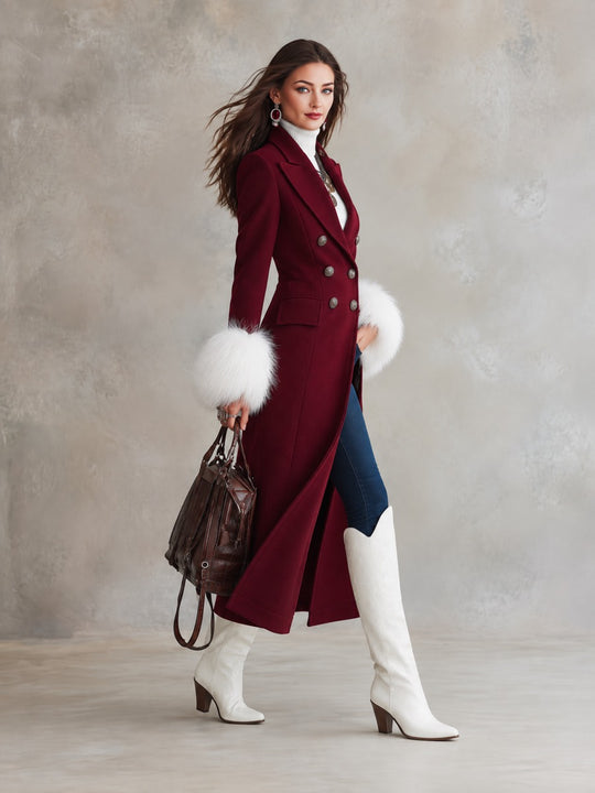 Women's Double-Breasted Wool Coat with Faux Fur Cuffs - Elegant Long Trench Style