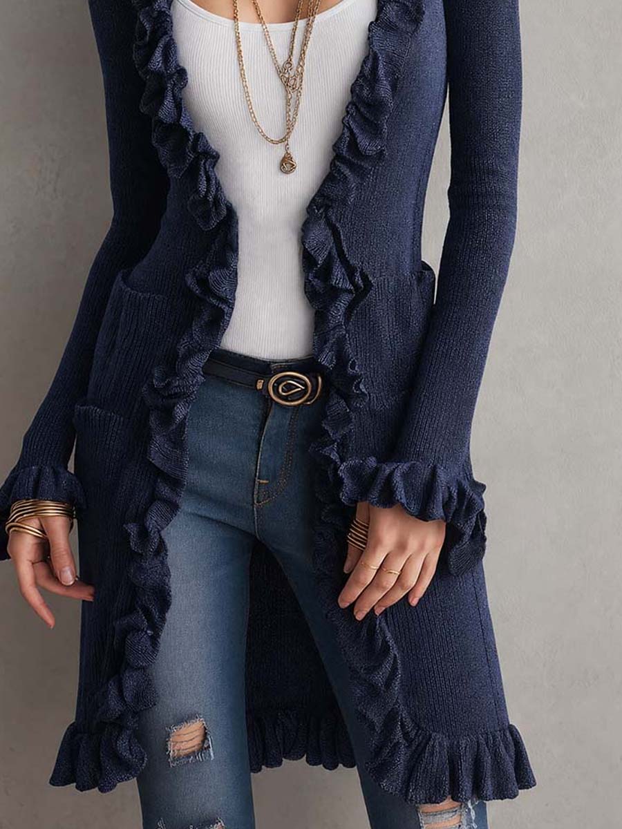Ruffled Mid-length Knit Cardigan