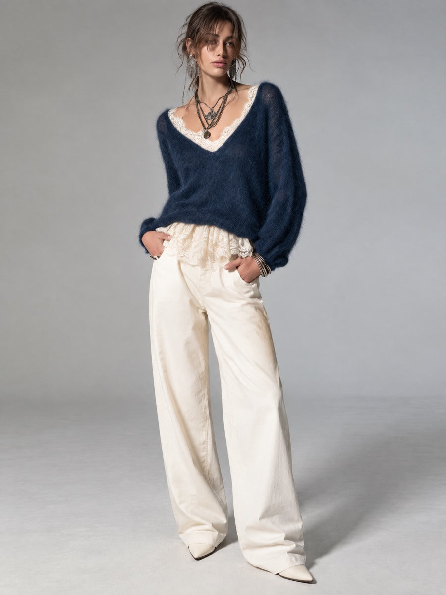 Refined Mohair Top Featuring A Faux-layered Design With Lace Trim.