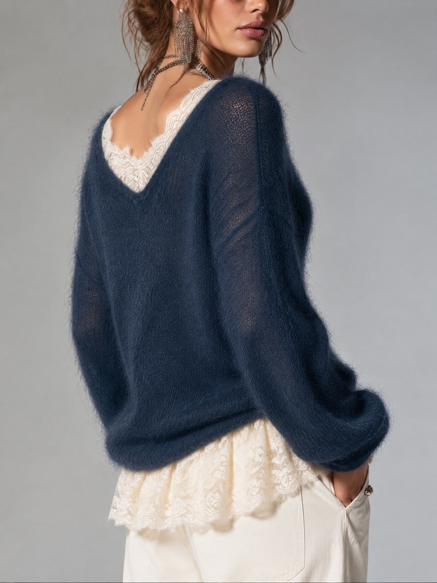 Refined Mohair Top Featuring A Faux-layered Design With Lace Trim.