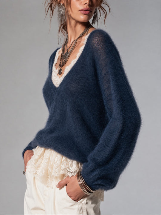 Refined Mohair Top Featuring A Faux-layered Design With Lace Trim.