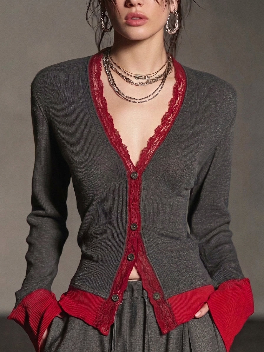 Contrast Lace-Trim Knit Cardigan
