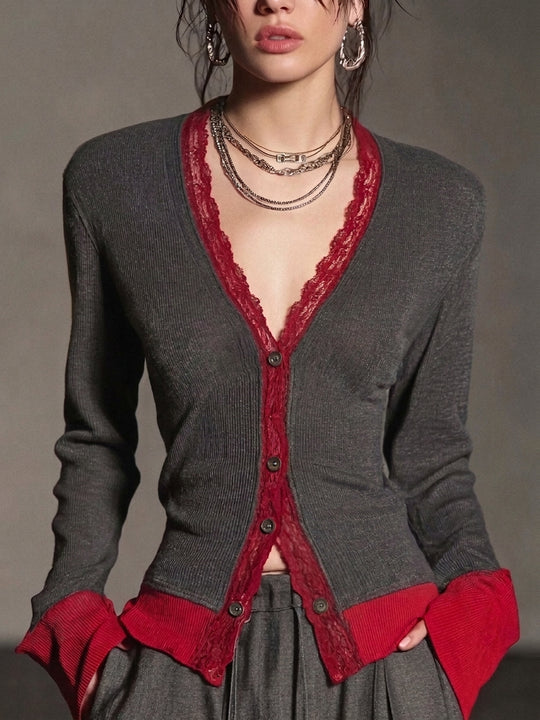 Contrast Lace-Trim Knit Cardigan
