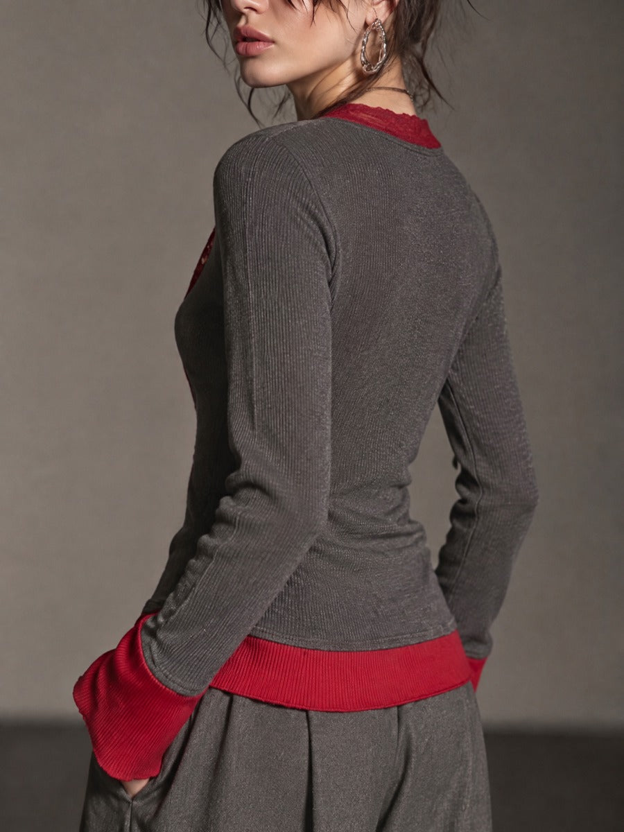 Contrast Lace-Trim Knit Cardigan