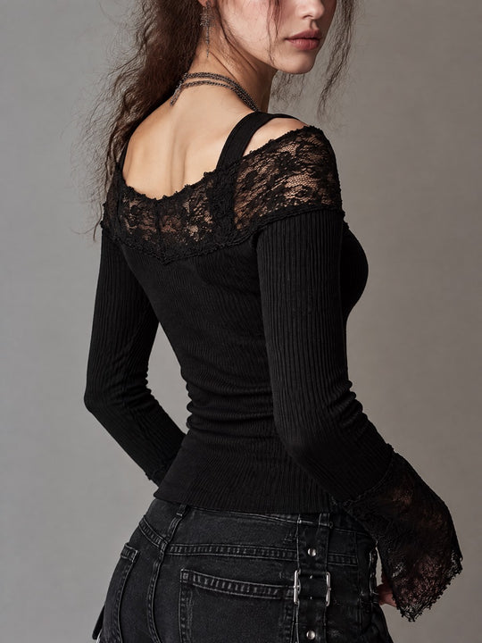 Gothic Lace Trim Cold Shoulder Long Sleeve Top with Fingerless Glove Cuffs