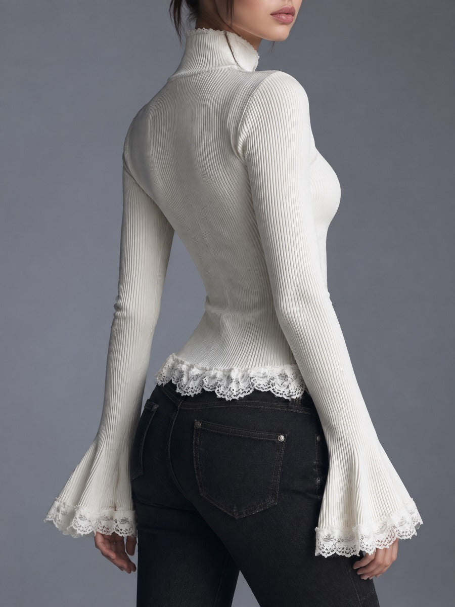 Lace Trim Ribbed Knit Top with Flare Sleeves