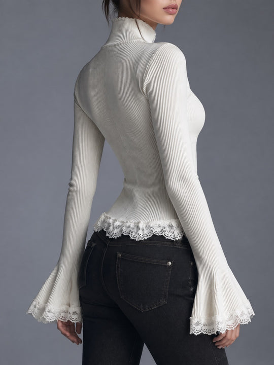 Lace Trim Ribbed Knit Top with Flare Sleeves
