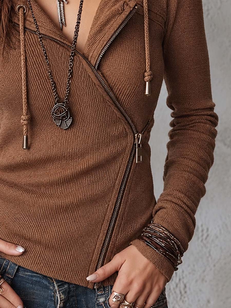 Asymmetric Zip-front Knitted Hoodie