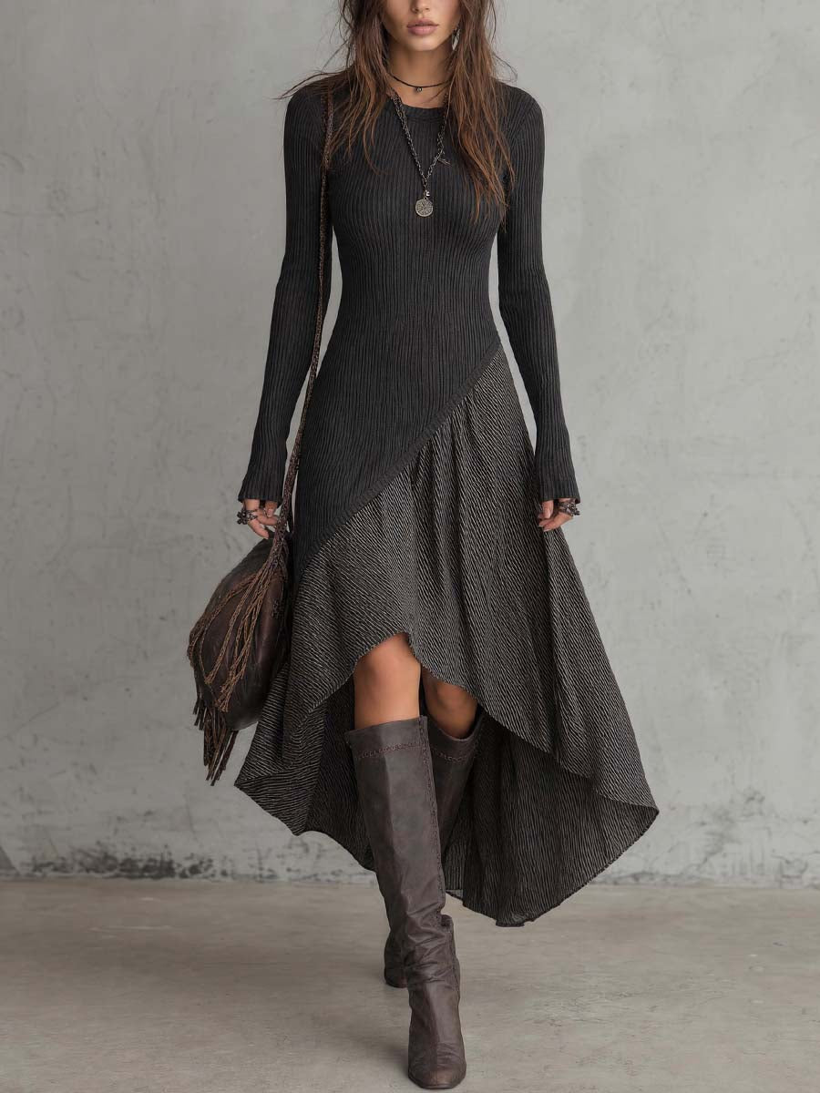 Vintage High-low Hem And Striped Panel Knit Midi Dress