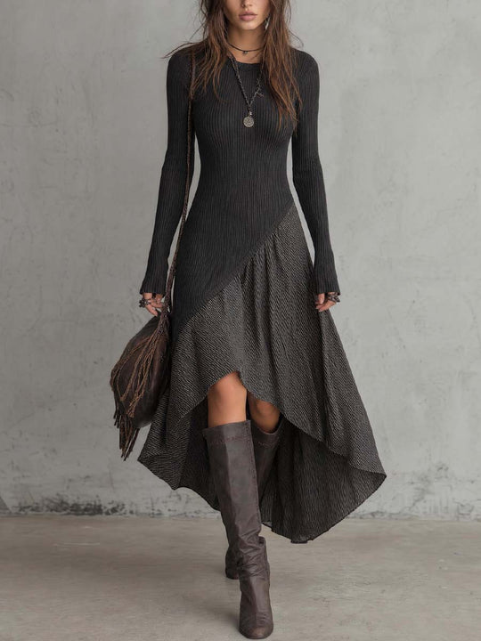Vintage High-low Hem And Striped Panel Knit Midi Dress