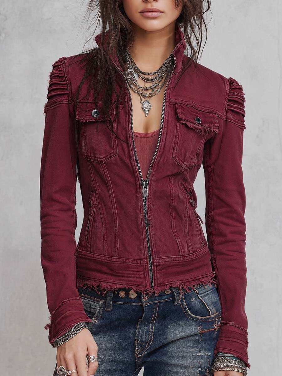 Distressed Fringed Hem Denim Blouse
