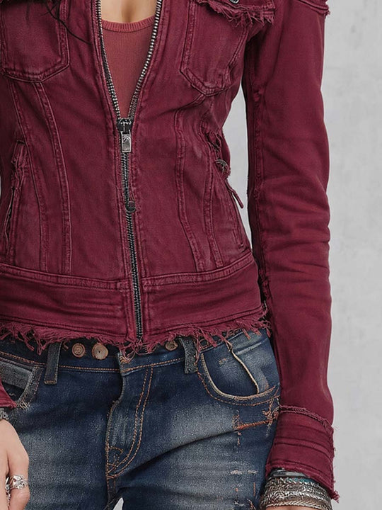 Distressed Fringed Hem Denim Blouse