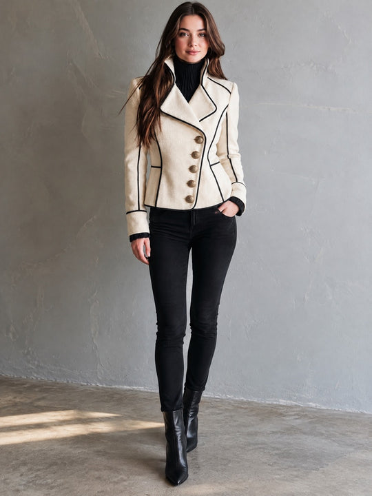 Retro Ivory Herringbone Wool Blend Jacket With Black Piping