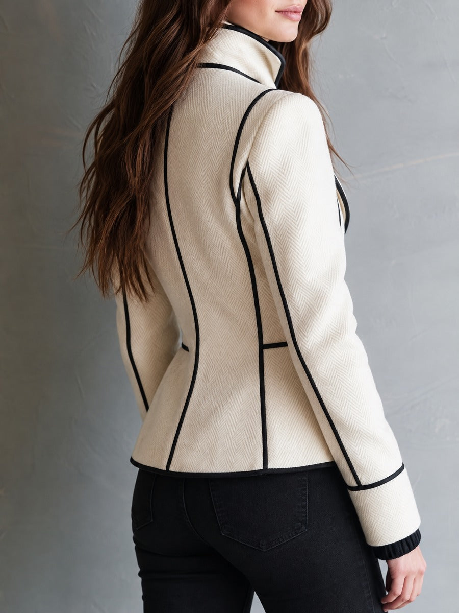 Retro Ivory Herringbone Wool Blend Jacket With Black Piping