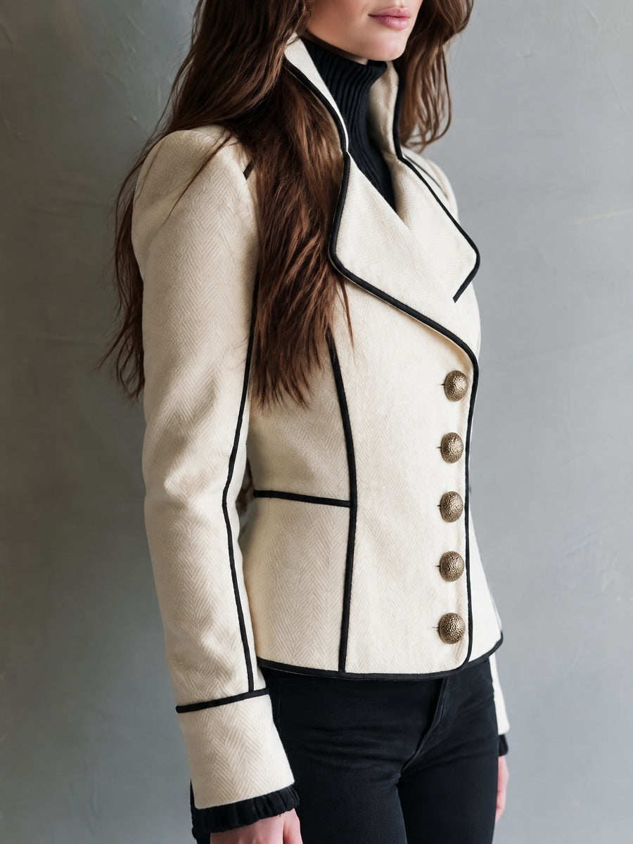 Retro Ivory Herringbone Wool Blend Jacket With Black Piping