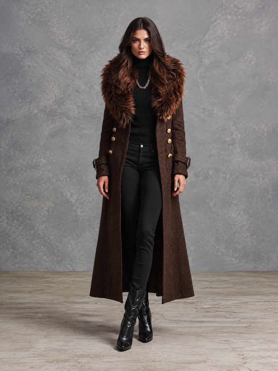 Elegant Dark Brown Faux Fur Collar Long Wool Blend Coat