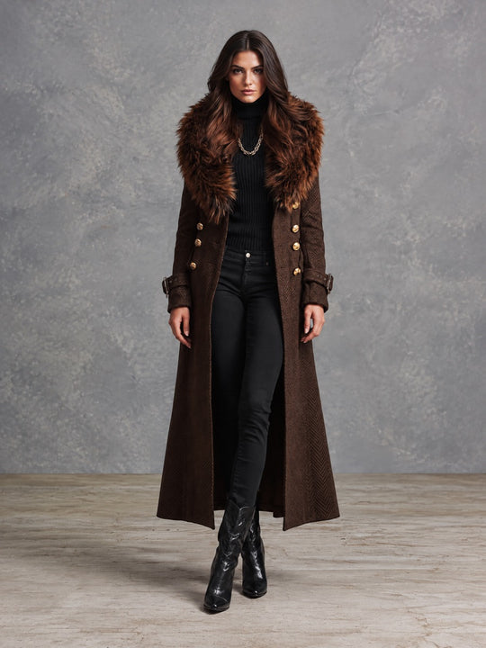 Elegant Dark Brown Faux Fur Collar Long Wool Blend Coat