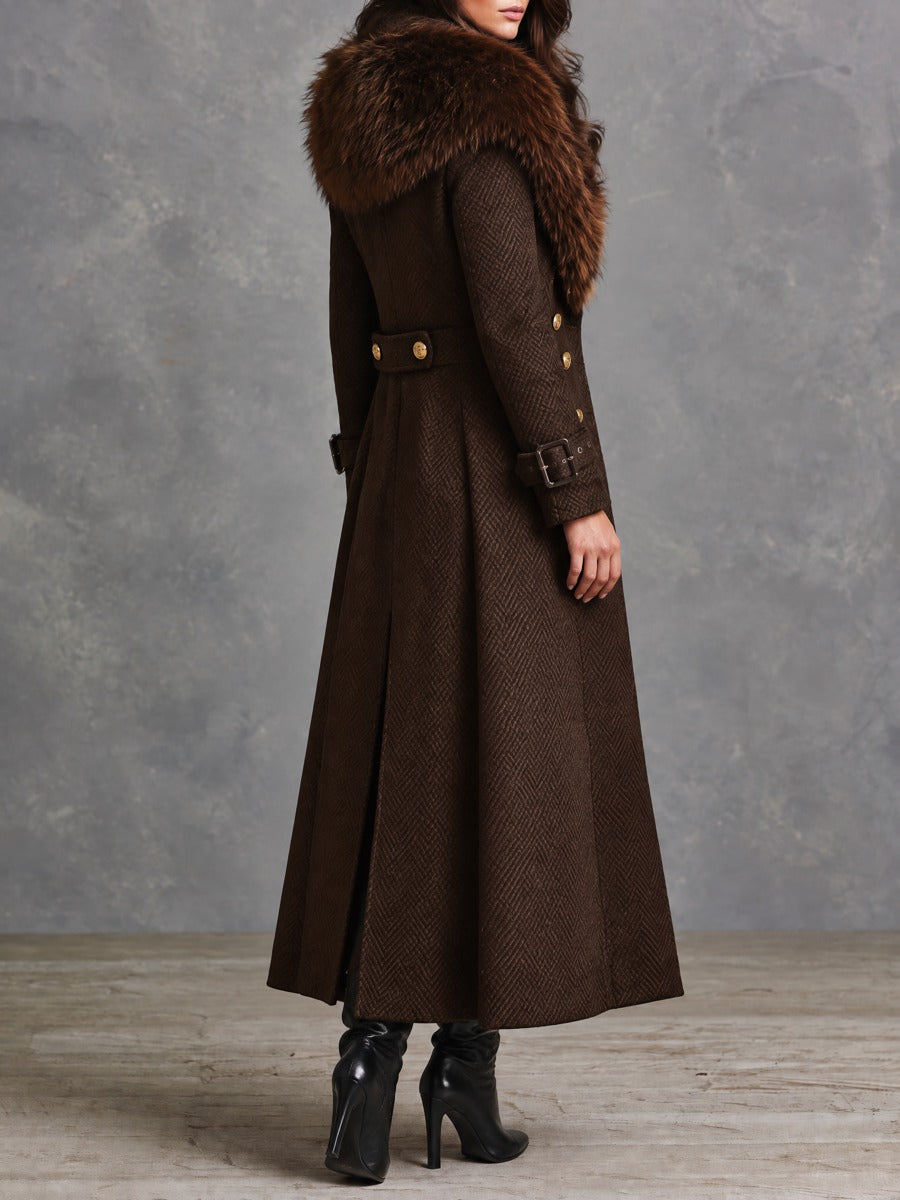 Elegant Dark Brown Faux Fur Collar Long Wool Blend Coat