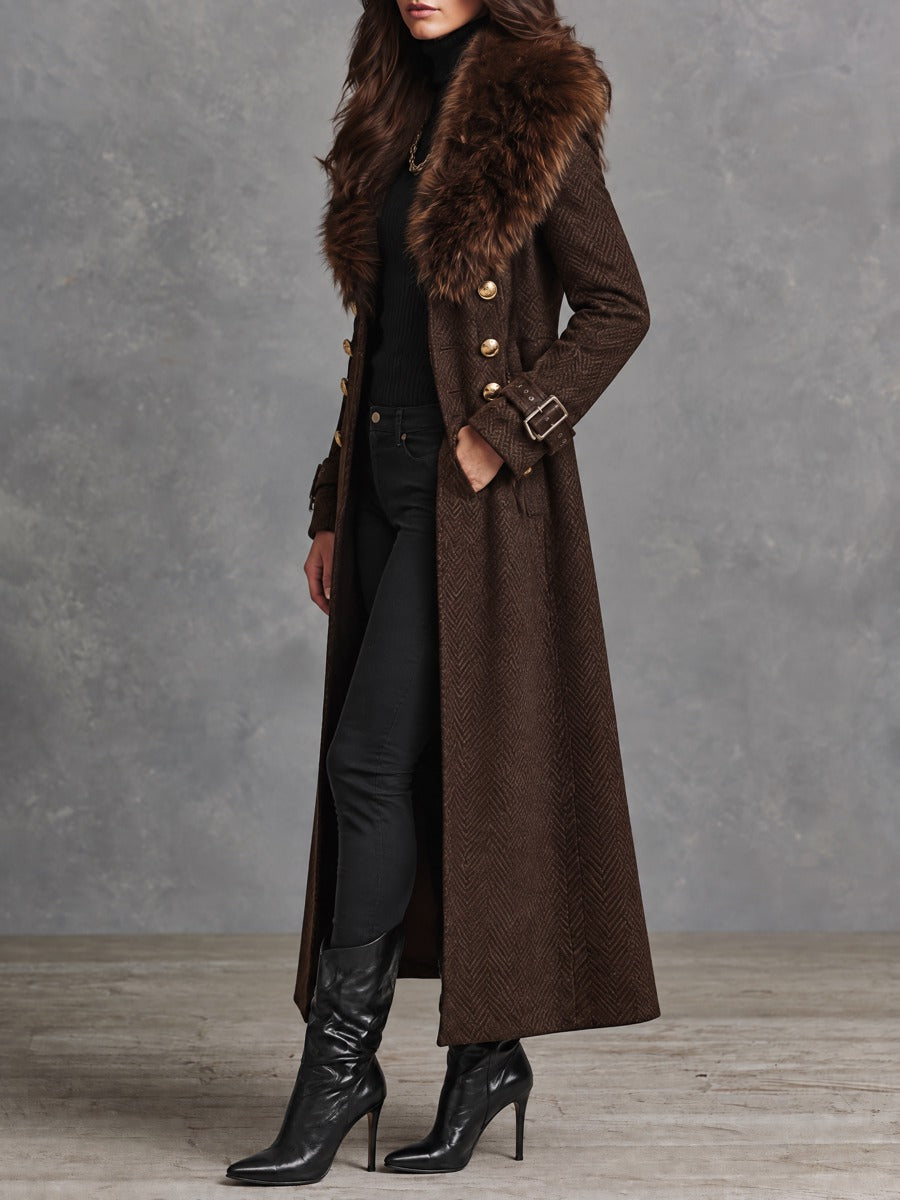 Elegant Dark Brown Faux Fur Collar Long Wool Blend Coat