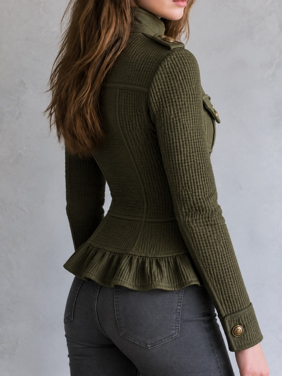Retro Olive Waffle Texture Tailored Jacket With Ruffle Peplum