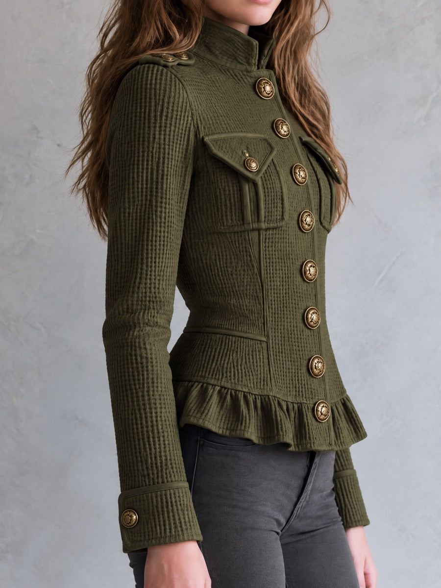 Retro Olive Waffle Texture Tailored Jacket With Ruffle Peplum
