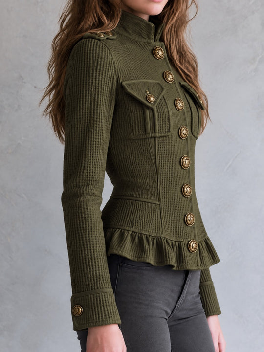 Retro Olive Waffle Texture Tailored Jacket With Ruffle Peplum
