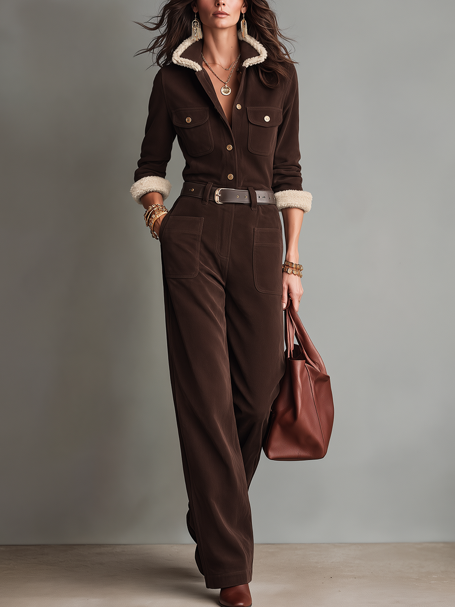 Vintage Chocolate Brown Sherpa Trim Utility Jumpsuit