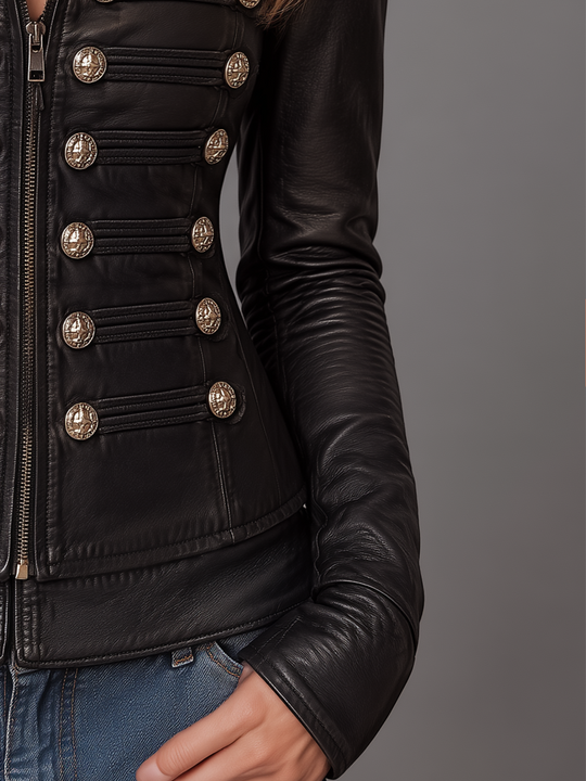Vintage Black Military Button Leather Jacket
