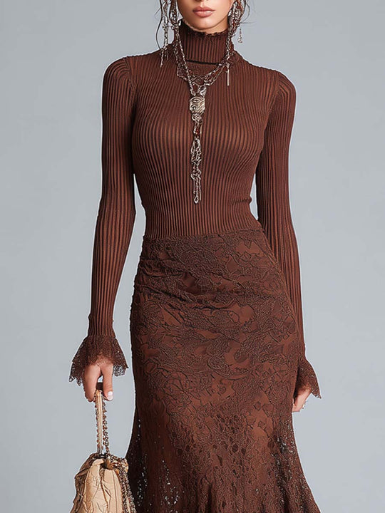 Ribbed Knit And Lace Fabric Midi Dress With A Ruffle Hem
