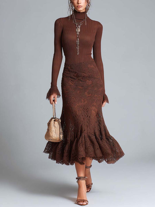 Ribbed Knit And Lace Fabric Midi Dress With A Ruffle Hem