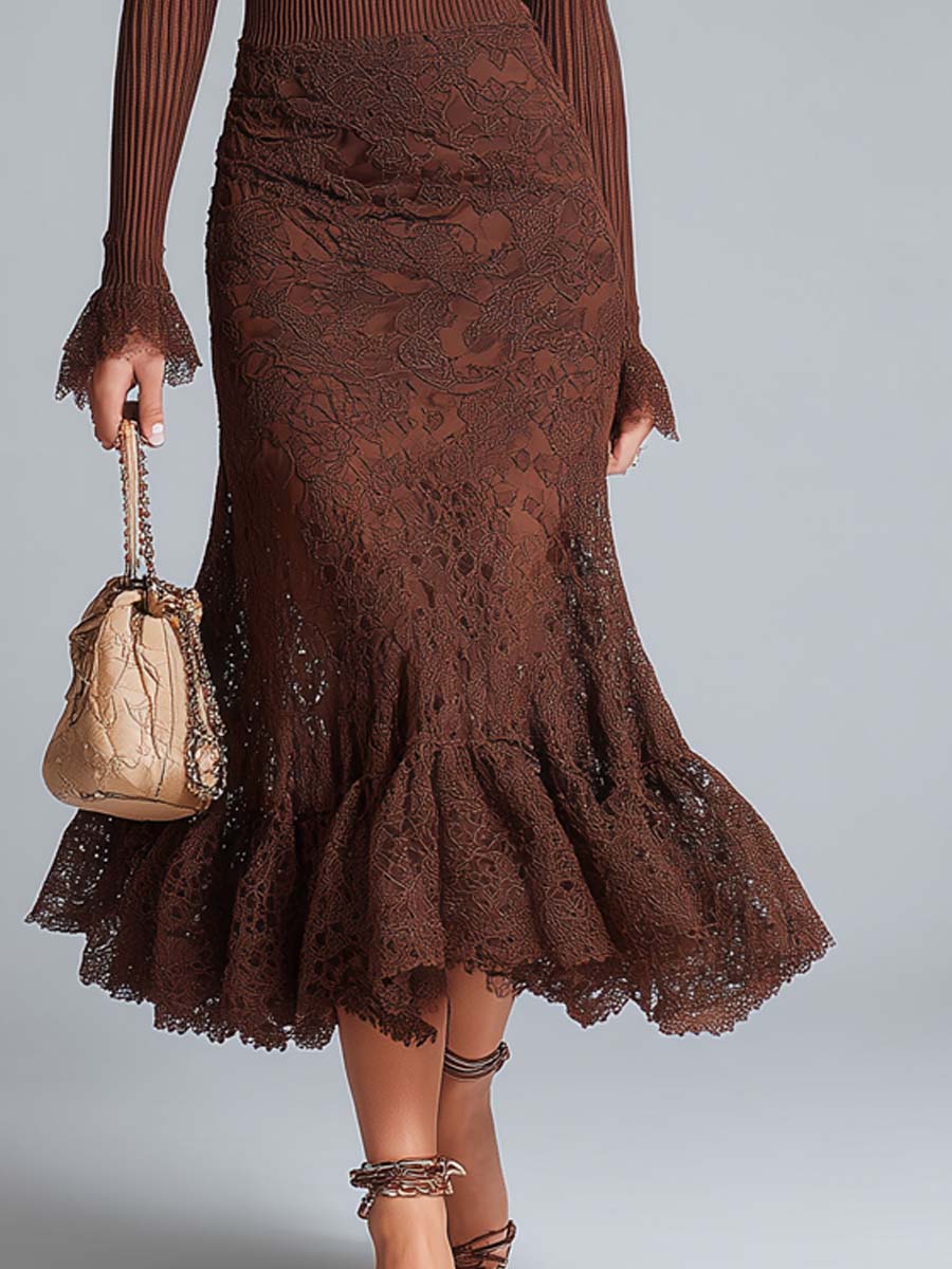 Ribbed Knit And Lace Fabric Midi Dress With A Ruffle Hem
